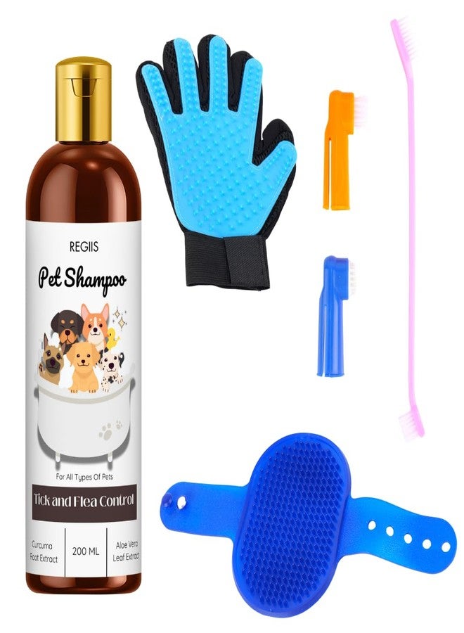 مجموعة شامبو للحيوانات الأليفة مع قفاز للتنظيف، تركيبة لمكافحة القراد والبراغيث، زجاجة سعة 200 مل، تتضمن فرشاة وأدوات تنظيف الحيوانات الأليفة (عبوة من 4 قطع) - Image 1